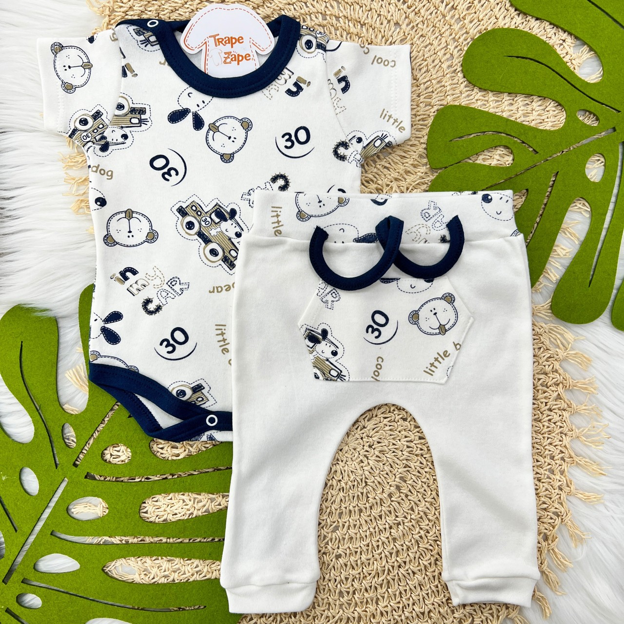 Conj. M/C Cool Car com Bichinhos- Off White e Marinho